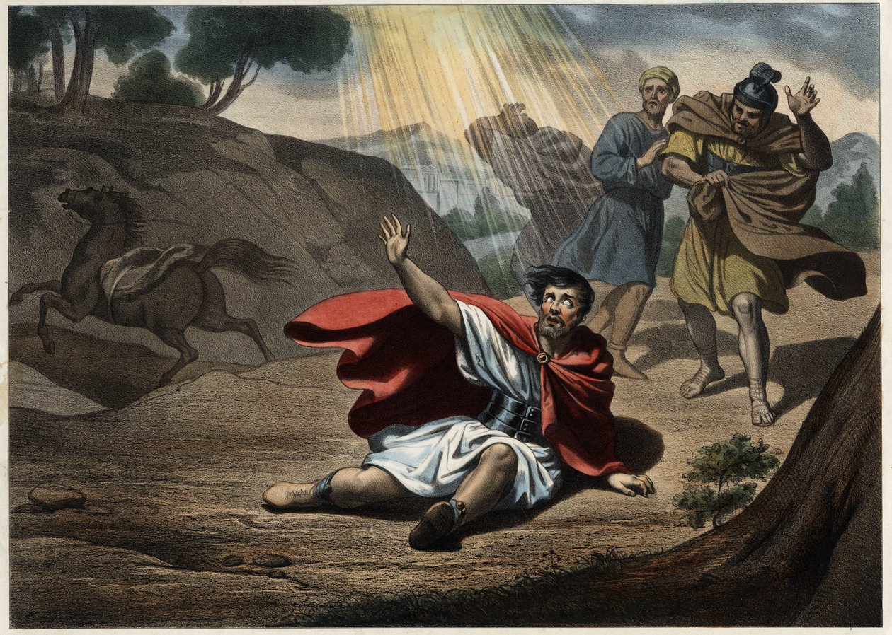 Konvertering av St. Paul. Kristi visjon på vei til Damaskus, hvoretter Saint Paul konverterte til kristendommen han hadde kjempet til da. Anonym gravering fra midten av 1800-tallet. av Unknown artist