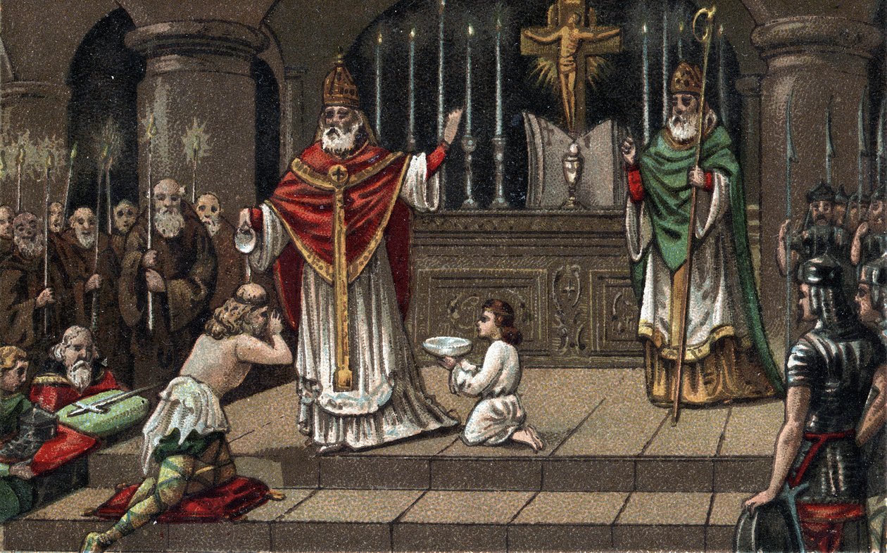 Konvertering av Widukind eller Witikind før Karl den Store i 785. Kromolitografi fra slutten av 1800-tallet. av Unknown artist