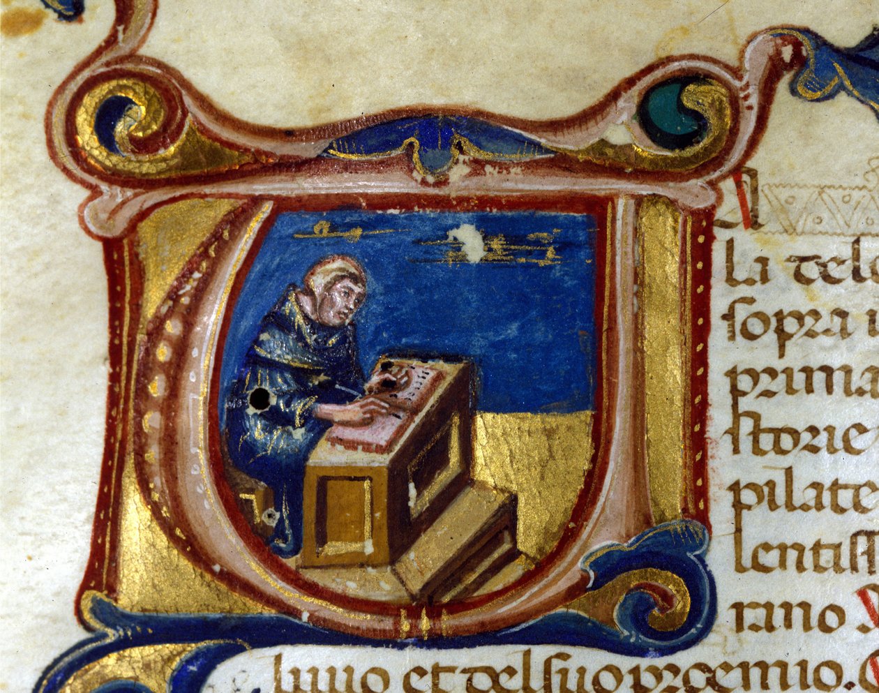 Kopistmunk i sitt scriptorium, Illuminure av Unknown artist