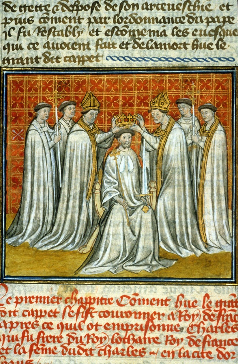 Kroning av Hugues Capet (987) av Adalberon (ca. 925-990), erkebiskop av Reims - Belysning av manuskript på veline fra middelalderen "" Great Chronicles of Saint-Denis"" sent på 1300-tallet (ref.512) av Unknown artist