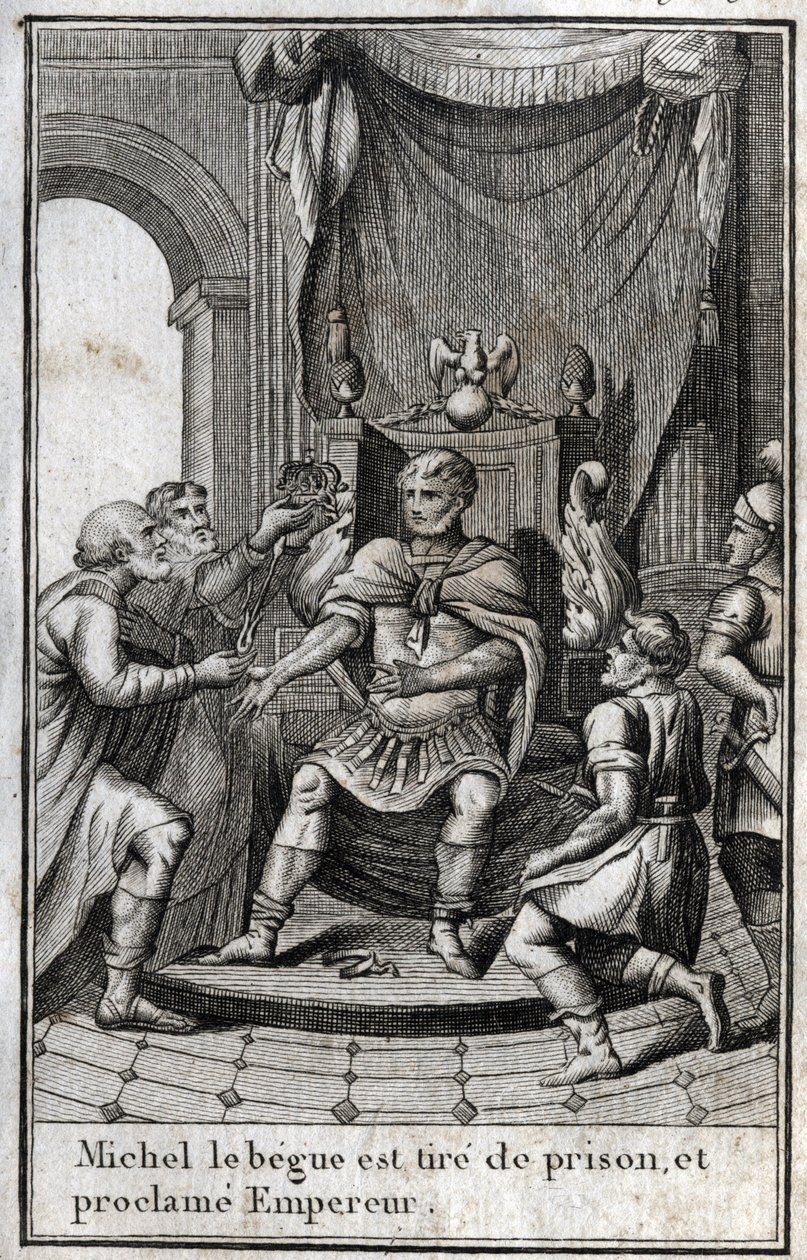 Kroningen av Michael II den amoriske (Begue) (770-829) som bysantinsk keiser etter løslatelsen fra fengselet i 820. Han er grunnleggeren av det amoriske dynastiet. Gravering i "Beaute de l