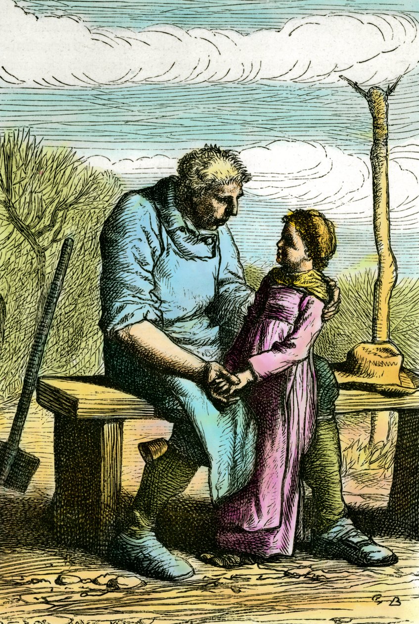 Cosette og Jean Valjean. Illustrasjon til romanen «Les miserables» av Victor Hugo (1802-1885) Gravering fra 1865 Privat samling av Unknown artist