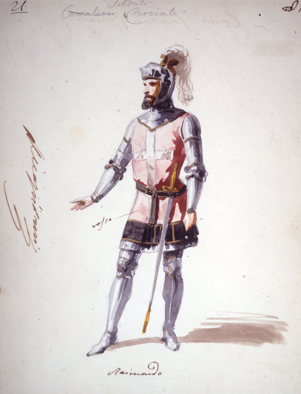 Kostyme for opera "" I Lombardi"" eller "" Les Lombards à la première Crusade"" komponert av Giuseppe Verdi (1813 - 1901) i 1843. Anonym akvarelltegning. Karakter av Raimondo for forestillingen på Scala i Milano. av Unknown artist