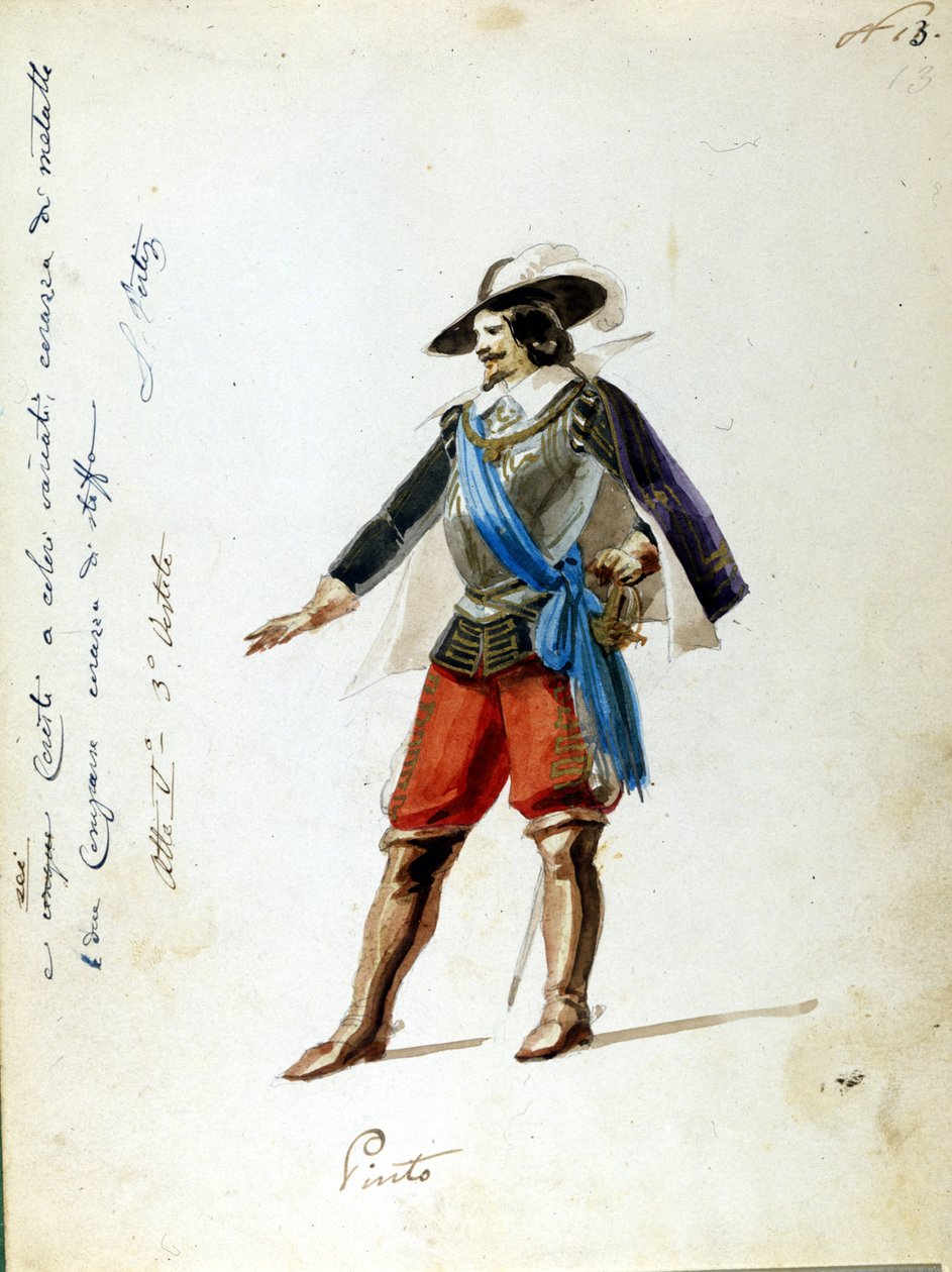 Kostyme for karakteren til Arrigo i operaen "Giovanna de Guzman"" navnet på den første representasjonen av den sicilianske Vepres (I vespri siciliani) komponert av Giuseppe Verdi. Anonymt kostyme laget for Scala Theatre i Milano i 1856. av Unknown artist