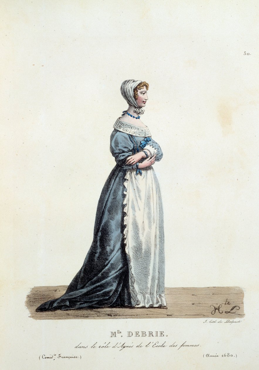 Kostyme til frøken Debrie i rollen som Agnes av Molieres "School of Women" i 1680. Kostyme av fransk komedie av Hippolyte Lecomte (1781-1857). Gravering av 1800-tallet. Coll. La oss gå. av Unknown artist