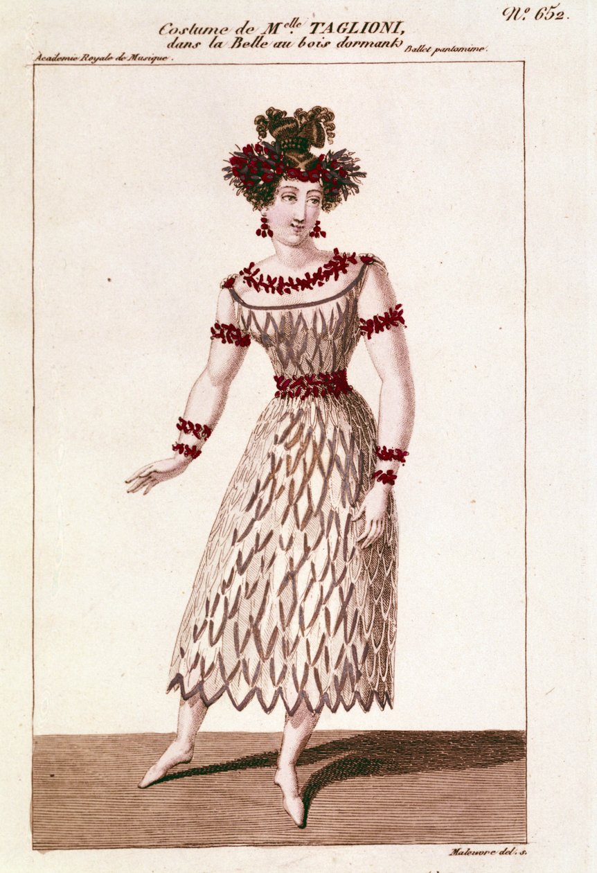 Kostyme til danser Maria Taglioni (1804-1884) i balletten "Sleeping Beauty"" av Piotr eller Petr Ilyich Tchaikovsky (eller Tchaikovsky eller Ciajkovskij eller Tchaikowsky) av Unknown artist