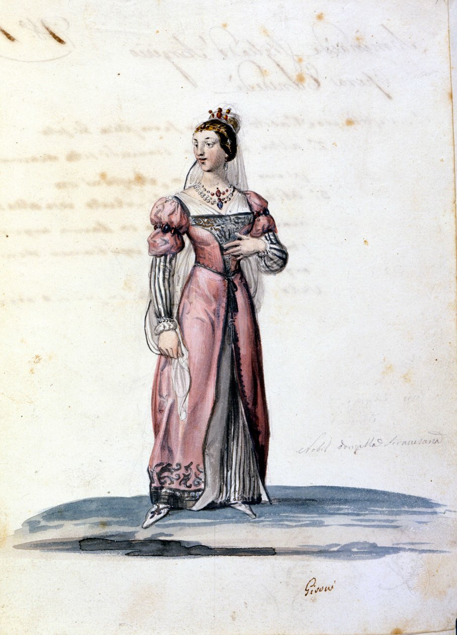 Kostyme til ung dame fra adelen i Syracuse tegnet av Gironi for operaen "Tancredi"" (Tancrede) av Gioacchino Rossini. 1813 av Unknown artist
