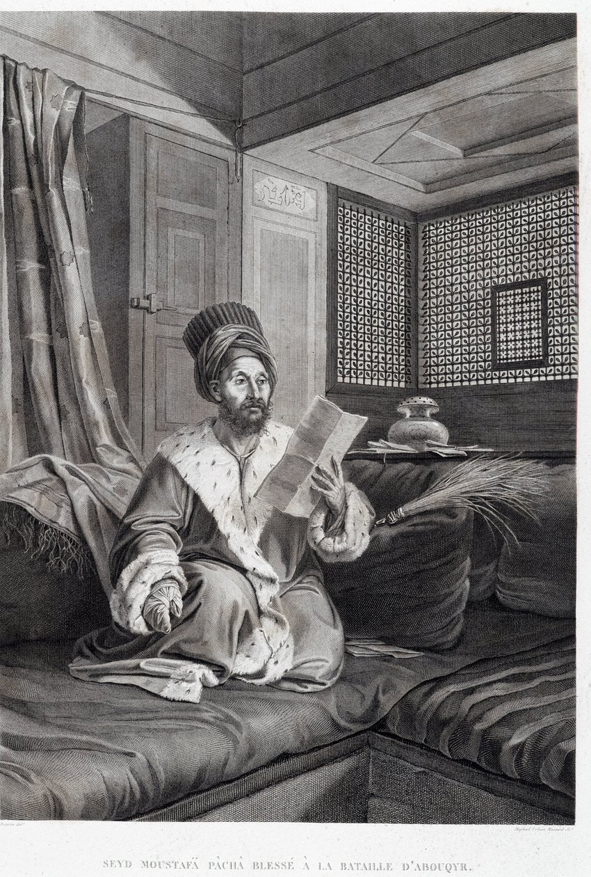 Kostymer og portretter: Seyd Moustafa Pasha såret i slaget ved Abouqyr (Aboukir) i "" Description of Egypt"", Imperial Publishing av Unknown artist