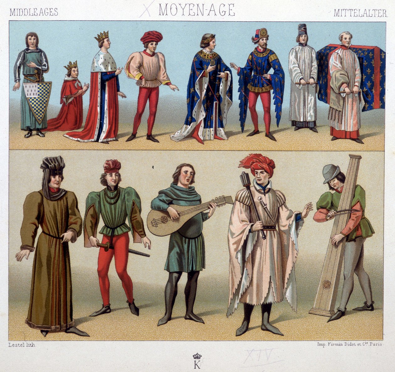 Drakter og musikere i middelalderen fra 1200- til 1400-tallet. I «Den historiske drakten» av A. Racquet av Unknown artist