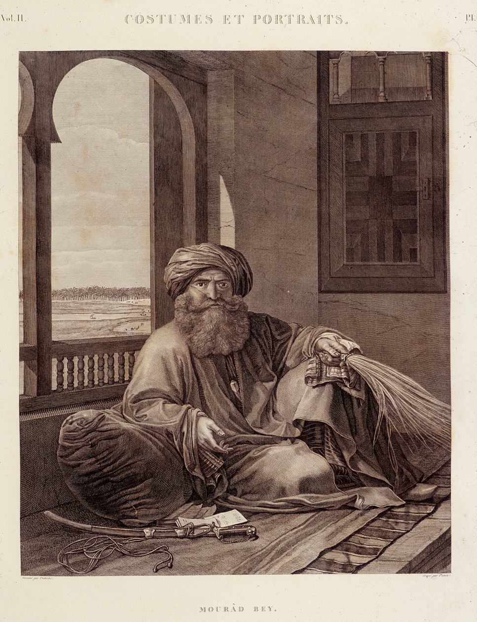Kostymer og portretter: Mourad Bey (1750-1801) Mamluk-høvding (Murad Bey Egyptian Mamluk-høvding (Bey)) i "" Description of Egypt"", Editions imperiales av Unknown artist