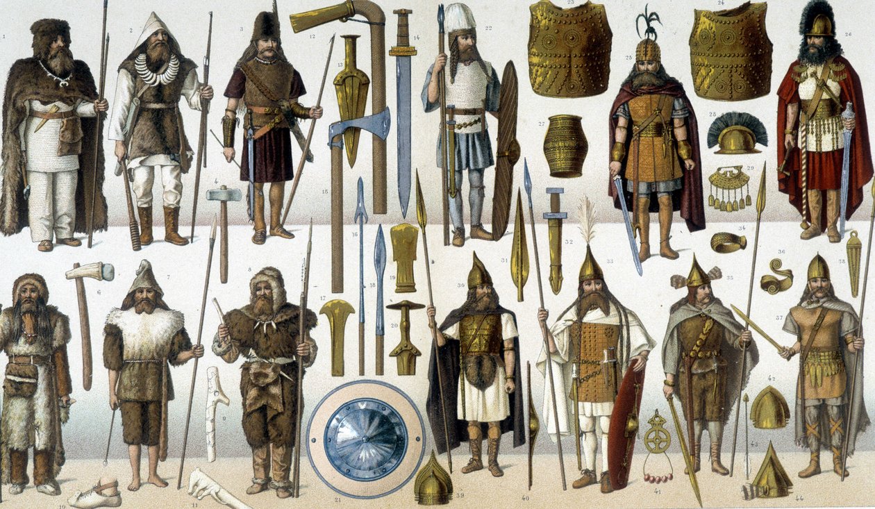 Kostymer, rustninger og våpen til barbariske krigere av Unknown artist