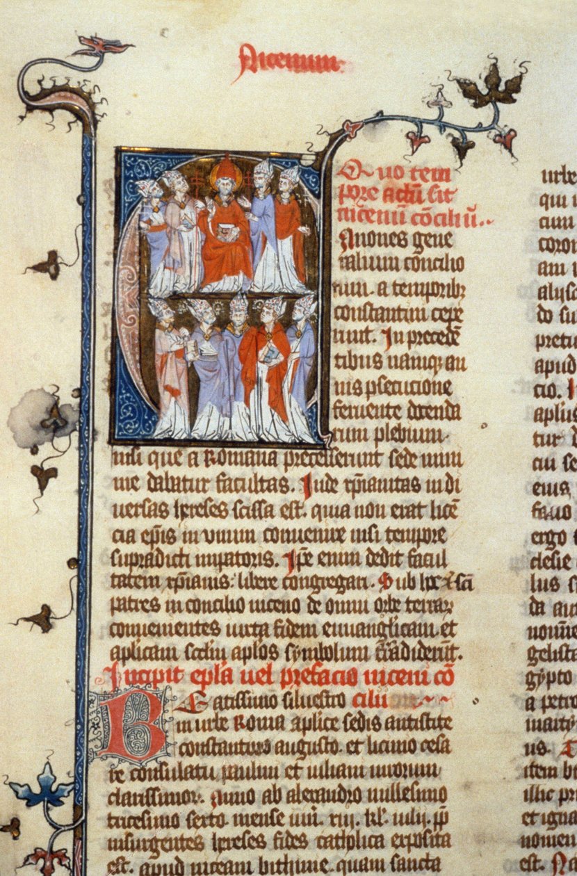 Council of Nicaea - manuskriptbelysning (gammel latinsk oversettelse av de første økumeniske konsilene tilskrevet Isidore), middelalder (ref. 365, 351r). B. Mr. Toulouse. Søknad om autorisasjon til Toulouse kommunale bibliotek (tlf: 05 62 27 66 av Unknown artist
