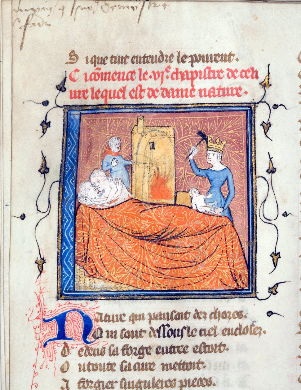 ""Par omfavner i en seng, en dronning dreper et spedbarn, og en annen karakter brenner ned et hus"" Opplyst side hentet fra manuskriptet ""Le Roman de la Rose"" av Guillaume de Lorris (ca. 1200-1238) og Jean de Meun (Meung) (1240-1305) rundt 1365 universit av Unknown artist
