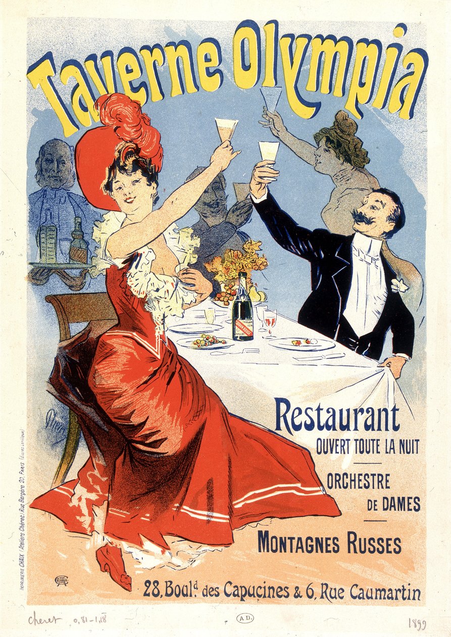 Par skåler med champagne - Reklameplakat for Tavern Olympia, av Jules Cheret, sent på 1800-tallet av Unknown artist
