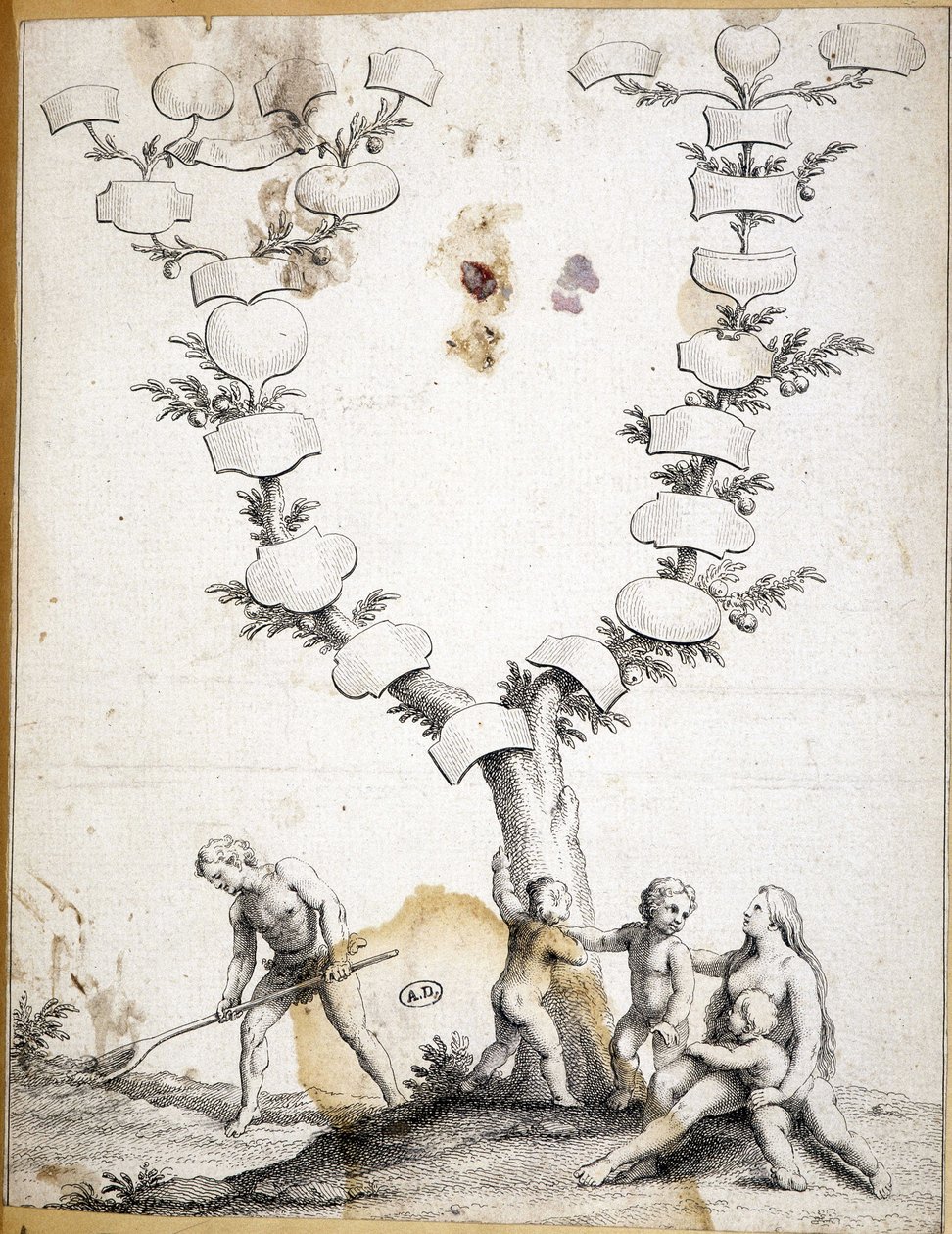 Par med barn ved foten av et jomfruelig slektstre - gravering av Unknown artist