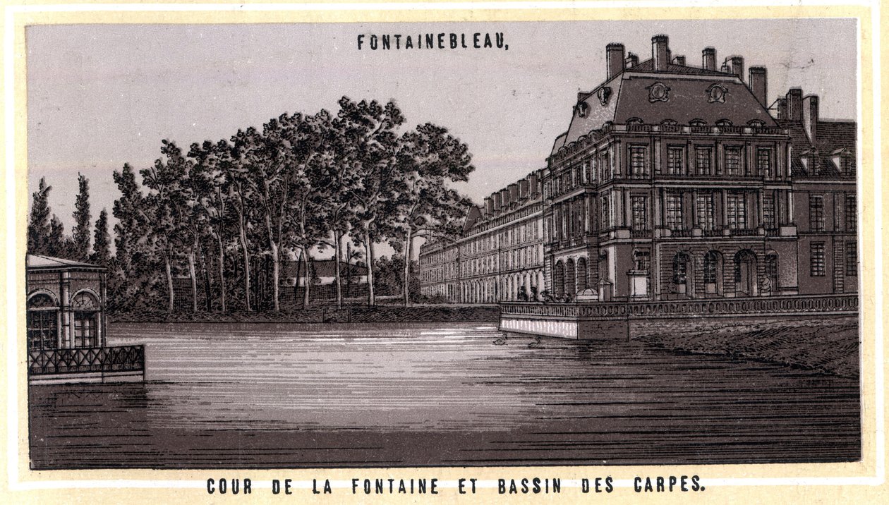 Court of the Fountain and Bassin des carps of Fontainebleau (Seine og Marne, Ile-de-France-regionen, Frankrike). Kromolitografi fra slutten av 1800-tallet. av Unknown artist