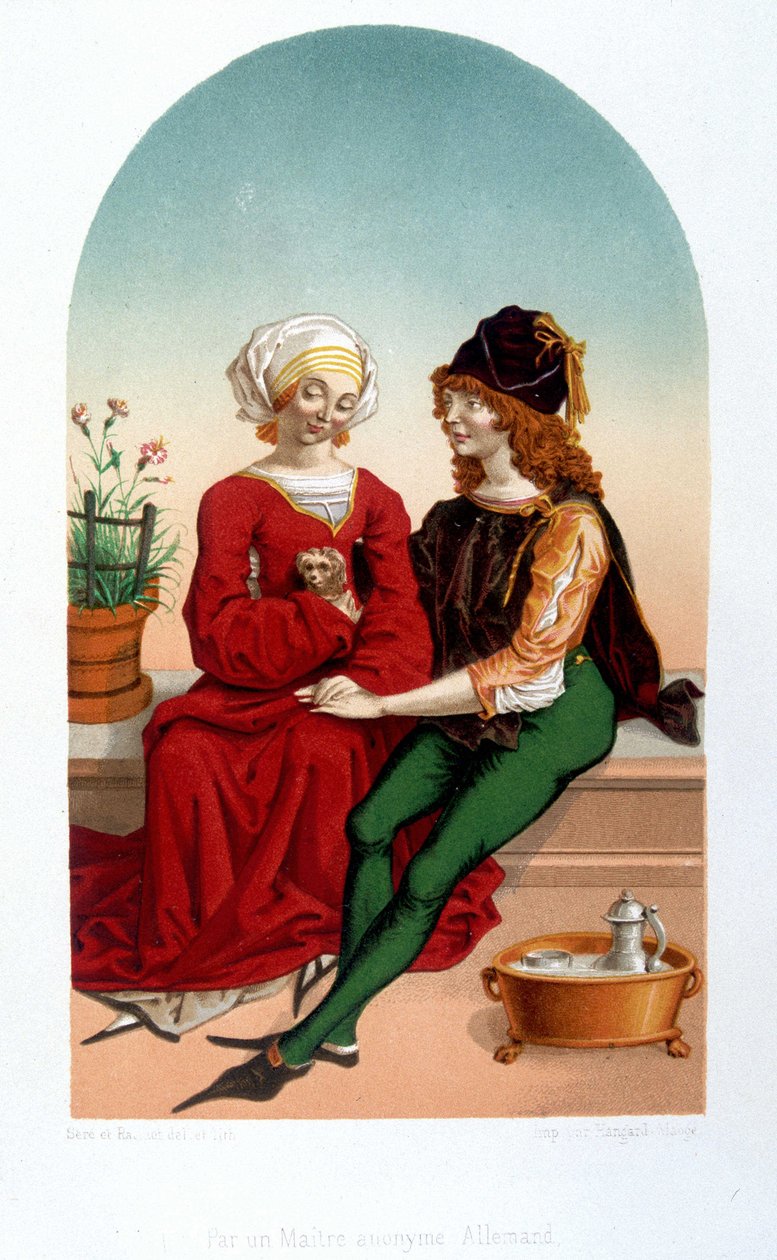 Høflig kjærlighetsscene i middelalderen. College - imitasjon fra 1800-tallet. av Unknown artist