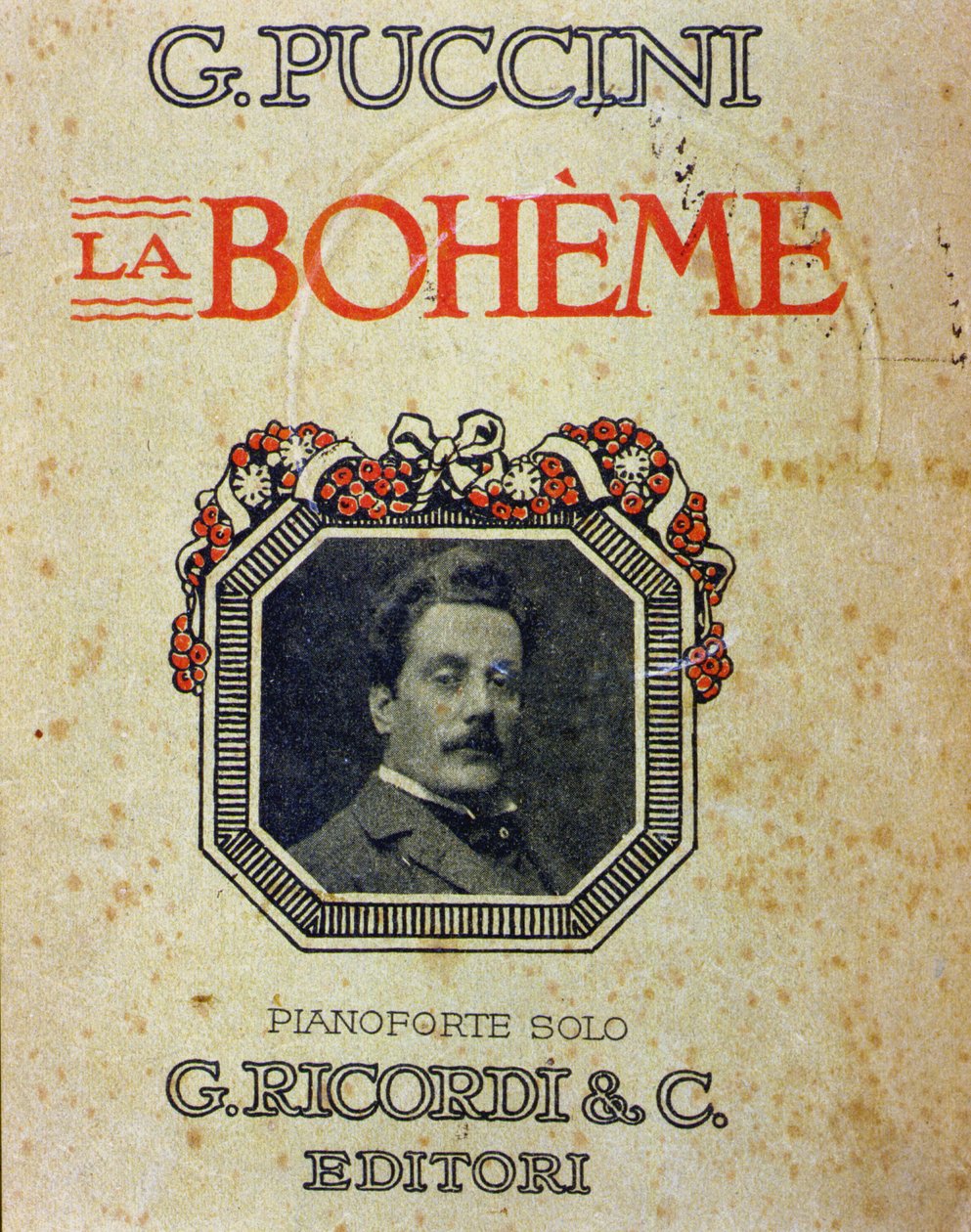 Omslag til partituret "" La Bohème"" av Puccini (1858-1924) med hans portrett. av Unknown artist
