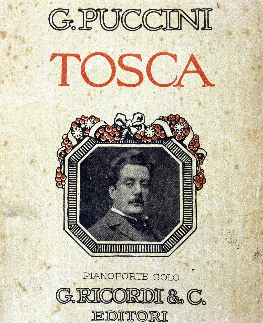 Omslag til partituret "Tosca"" av Giacomo Puccini (1858-1924) med hans portrett. av Unknown artist