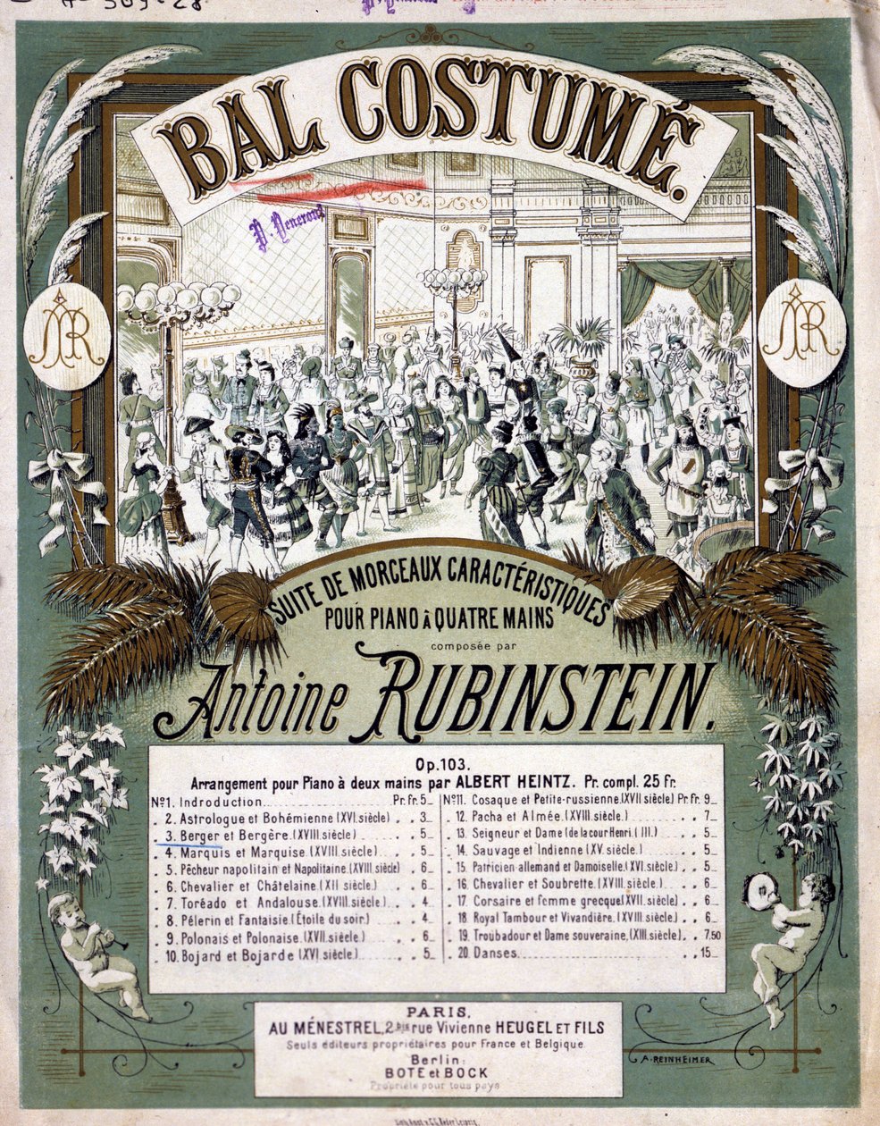 Omslag til partituret til ""Suite av karakteristiske stykker for piano fire hender"", komponert av Anton Rubinstein. av Unknown artist