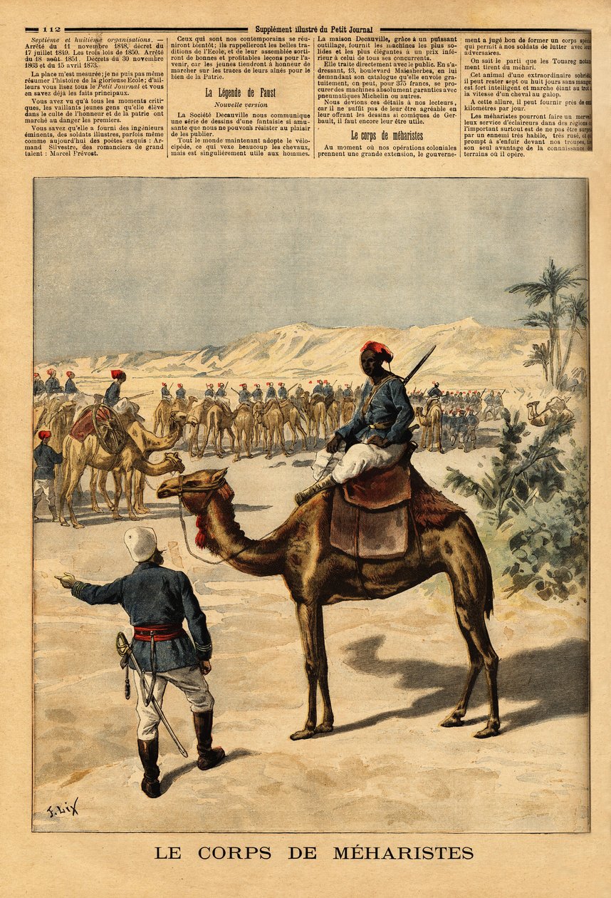 Opprettelse av et spesielt korps av meharister for den franske erobringen av Sudan, for å kjempe mot tuaregene. Meharis, kan holde seg en uke uten å spise, gå på trav i hastigheten til en galopphest, kan reise mer enn 100 kilometer om dagen, og de er av Unknown artist