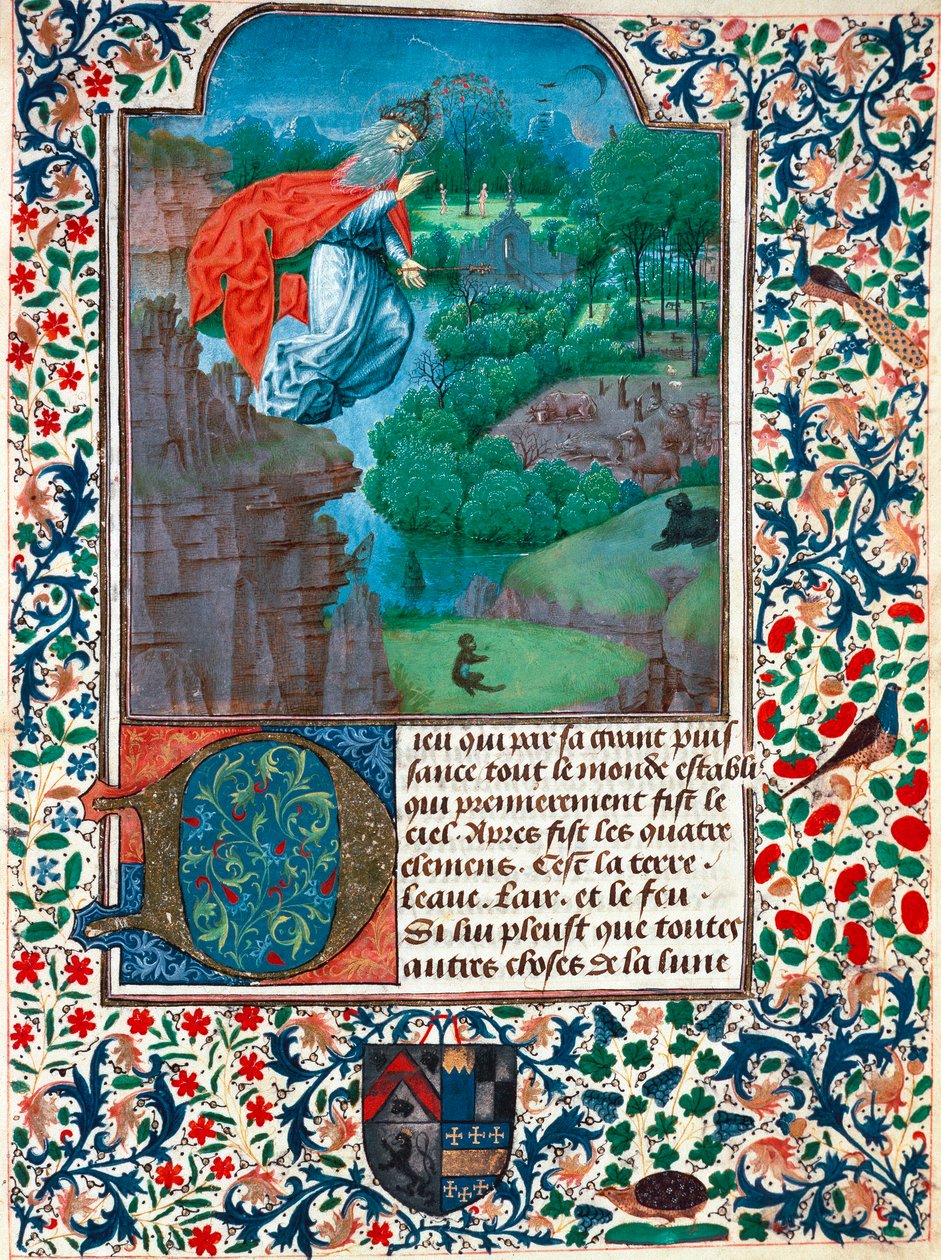 Skapelsen, den syvende dag: Skaperen flyr over sitt verk. Landskap med dyr. Miniatyr fra Timeboken til grevinnen av Bretiandos av Unknown artist