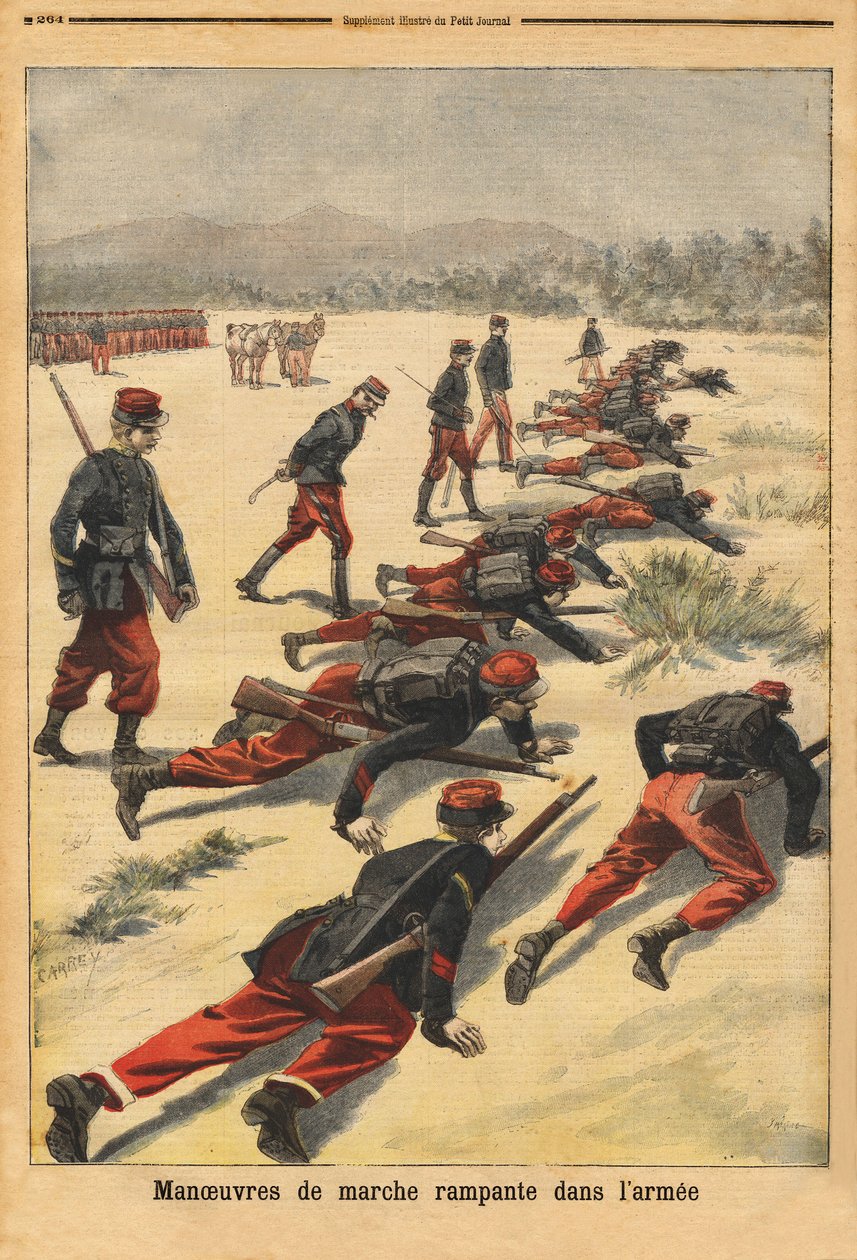 Krypende gåmanøvrer i hæren, eksperimentering med nye tampongerarmbånd, som beskytter håndflaten. Gravering i "" Le petit journal"" 16.08.1896. Selvas samling. av Unknown artist