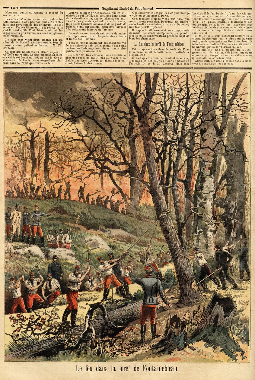 Kriminell brann i skogen i Fontainebleau. Gravering i "" Le petit journal"" 22.04.1893. Selvas samling. av Unknown artist