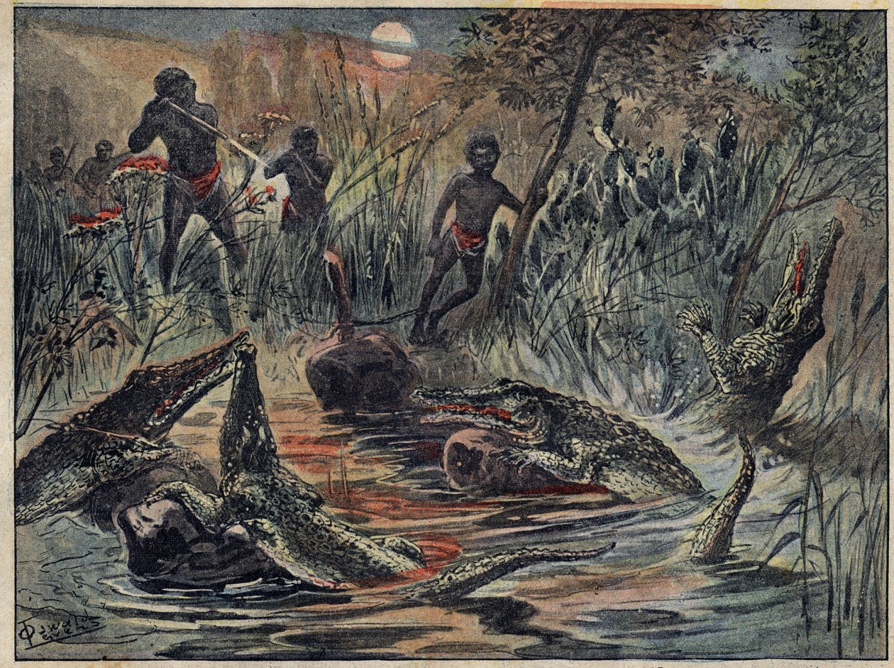 Krokodillejakt i Niger med et barn for åte. Illustrasjon i "" Le Pelerin"" av 4. desember av Unknown artist