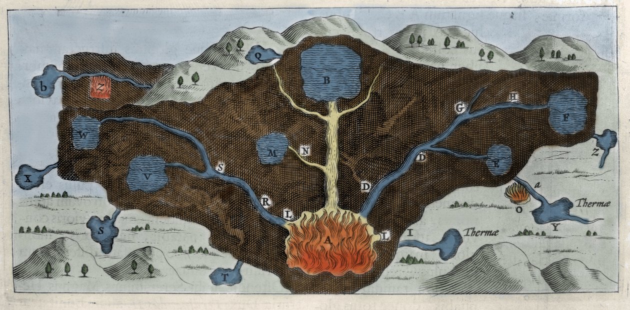 Tverrsnitt av jordskorpen som lar Athanasius Kircher demonstrere opprinnelsen til de termiske kildene - 1600-tallet av Unknown artist