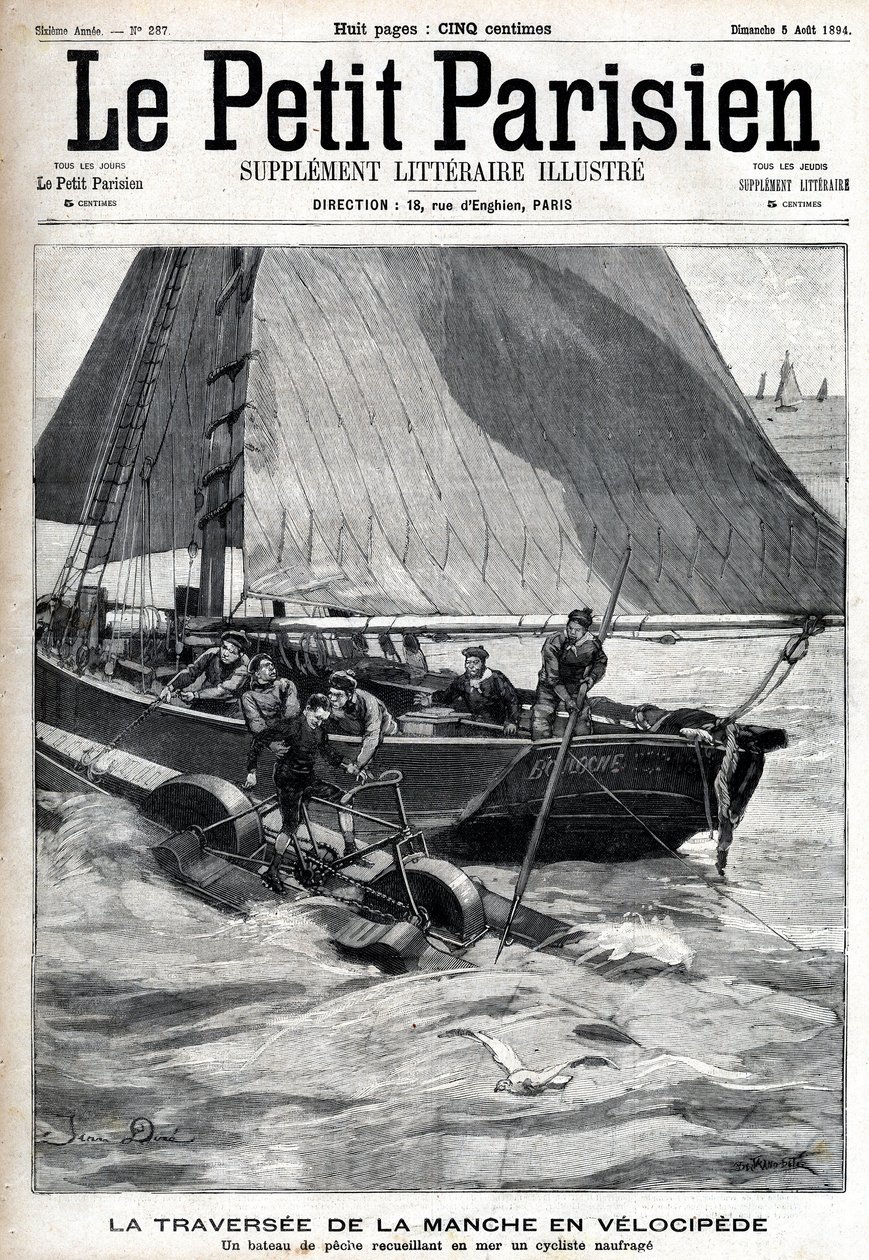 Krysser hylsen i velociped: en fiskebåt samler Georges Pinkert til sjøs som hadde satset på å krysse hylsen med vannvelocipeden han hadde oppfunnet. Gravering i "" Le Parisien"" av Unknown artist