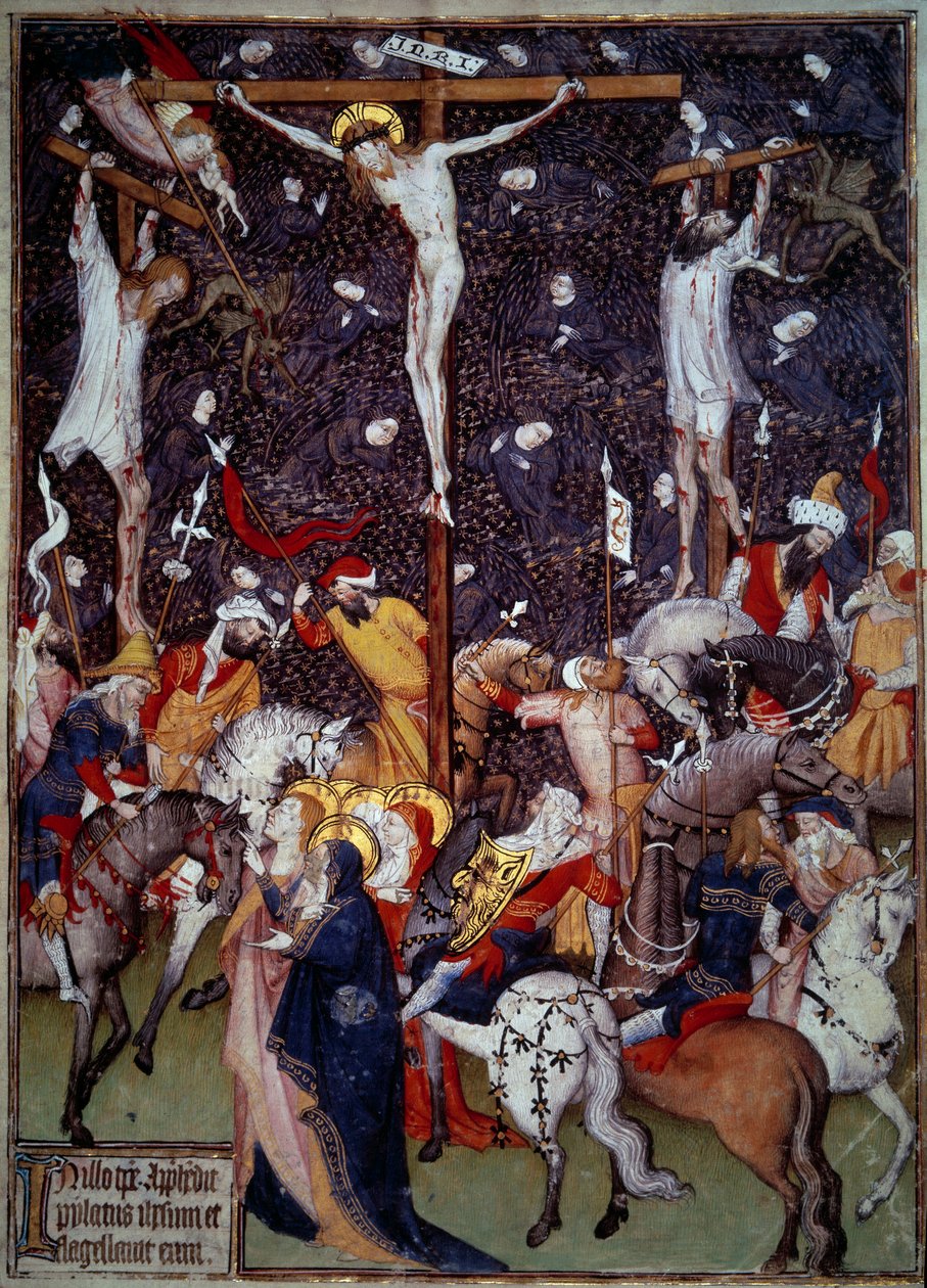 Korsfestelse. Svarte engler flyr rundt likene til de straffedømte. Romerne på hesteryggen snur seg rundt korset for å se på scenen. Miniatyr fra et manuskript fra 1400-tallet. Paris, B.N. av Unknown artist