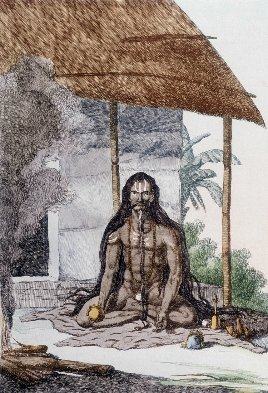 Kultur, sivilisasjon og indisk samfunn: Portrett av en Fakir (Faquir) under bønn, India. Gravering 1808. av Unknown artist