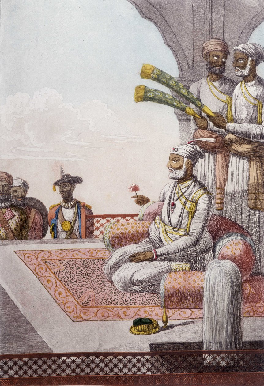 Kultur, sivilisasjon og indisk samfunn: Portrett av en Radjah (Rajah) suveren av Brahman, India. Gravering fra 1808. av Unknown artist
