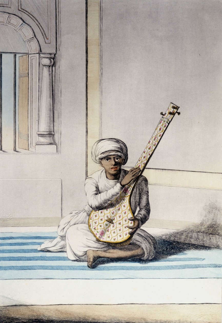 Kultur, sivilisasjon og indisk samfunn: Musiker som spiller Thambourah (Tamboura), tradisjonelt instrument i India. Gravering 1808. av Unknown artist