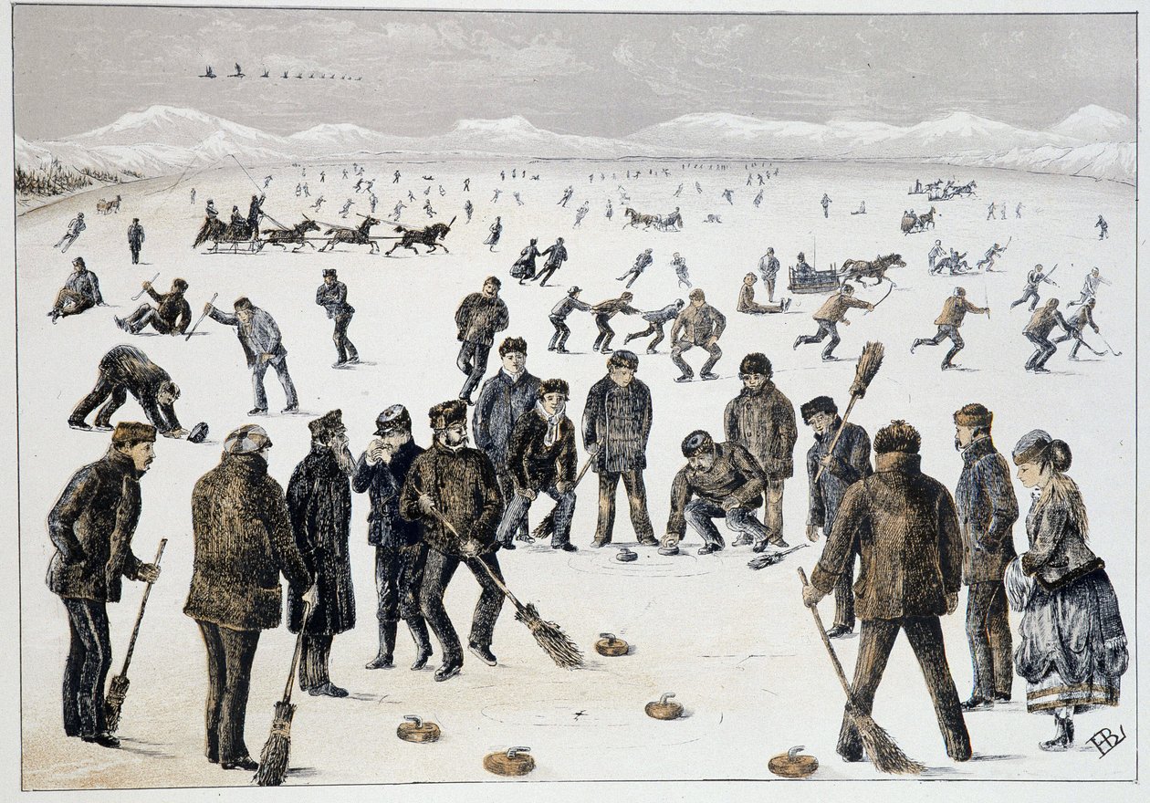 Curling på en frossen innsjø nær Halifax, Nova Scotia - i "" Skisser av kanadisk sport og tidsfordriv"" av Lieut. Henry Buckton Laurence av Unknown artist