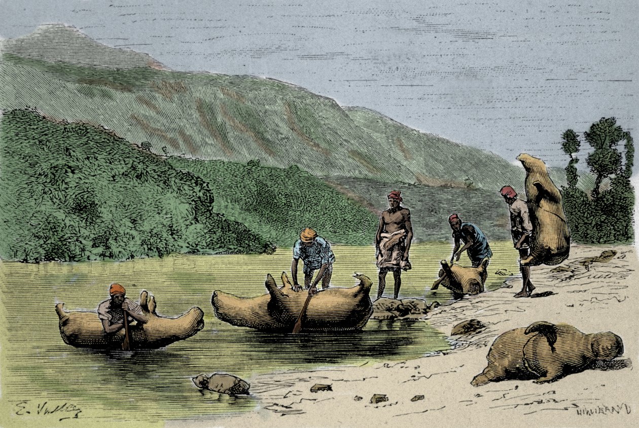 Skikker og transportmetoder: skinn av oppblåste dyr som brukes til å krysse elver. Gravering fra 1800-tallet av Unknown artist