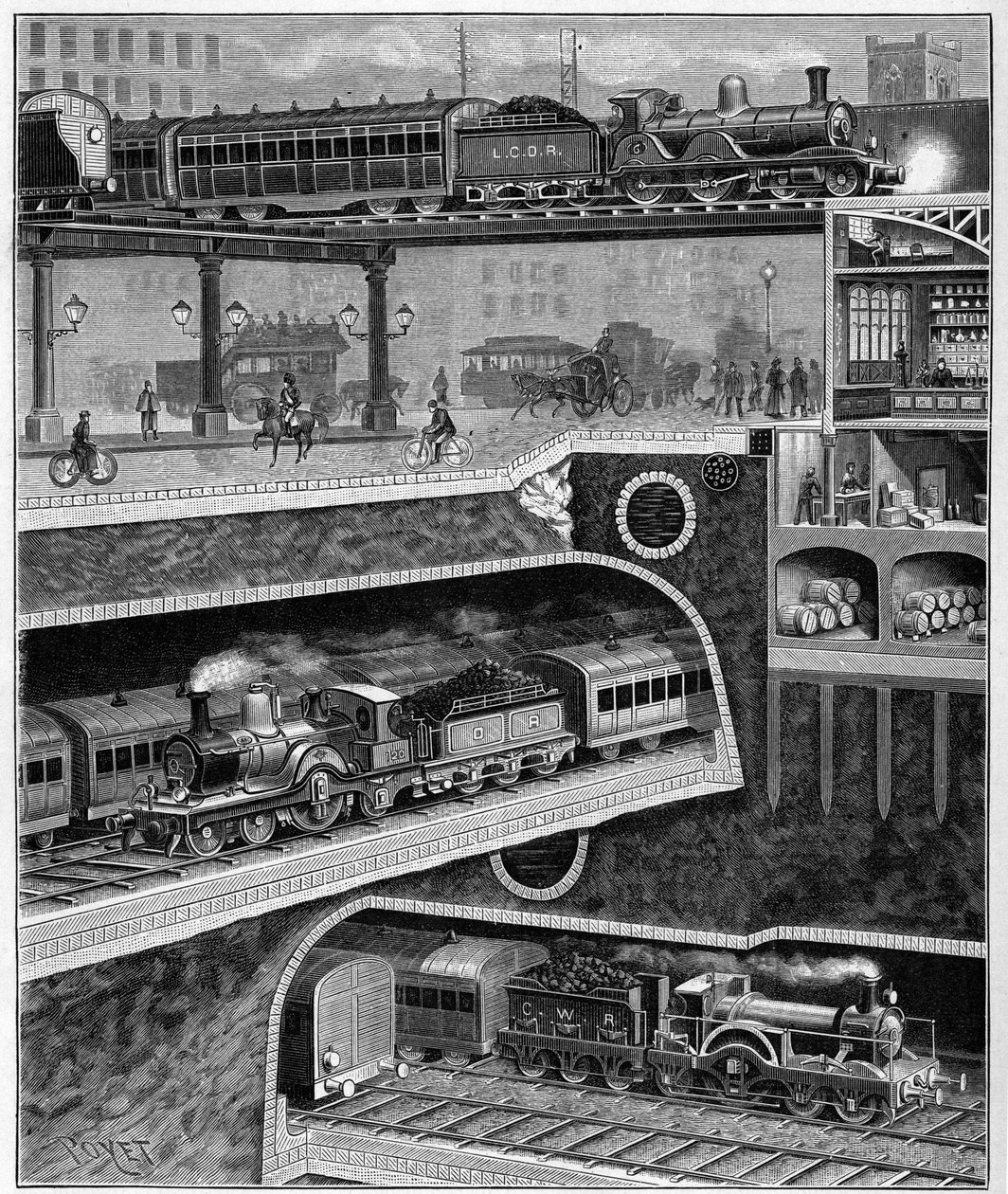Cut a street from London to England in 1898. Engraving from 1898. in “” La Nature. Review of sciences and their applications to the arts and industry.”” av Unknown artist