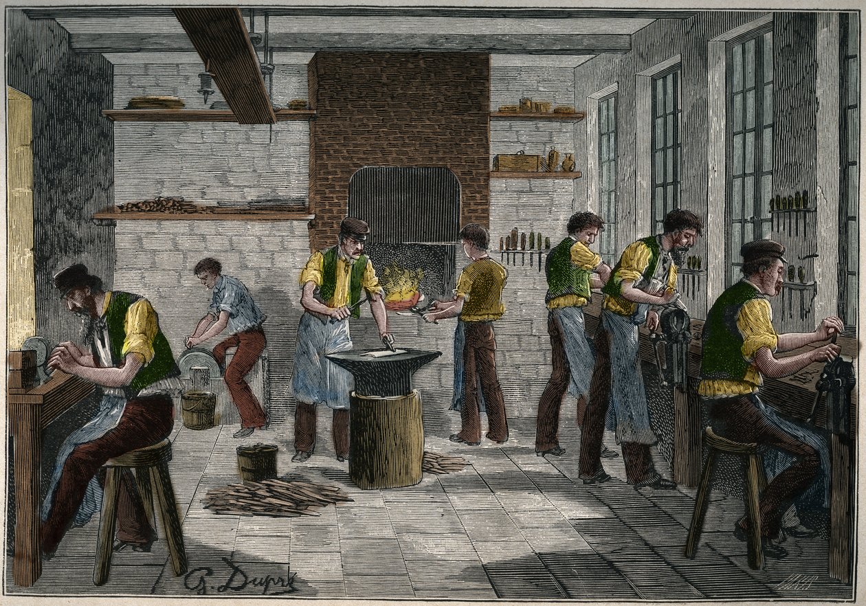 Bestikkverksted i Frankrike på 1800-tallet. Gravering fra 1885 i "" Les arts et metiers illustres"" av Adolphe BITARD. av Unknown artist