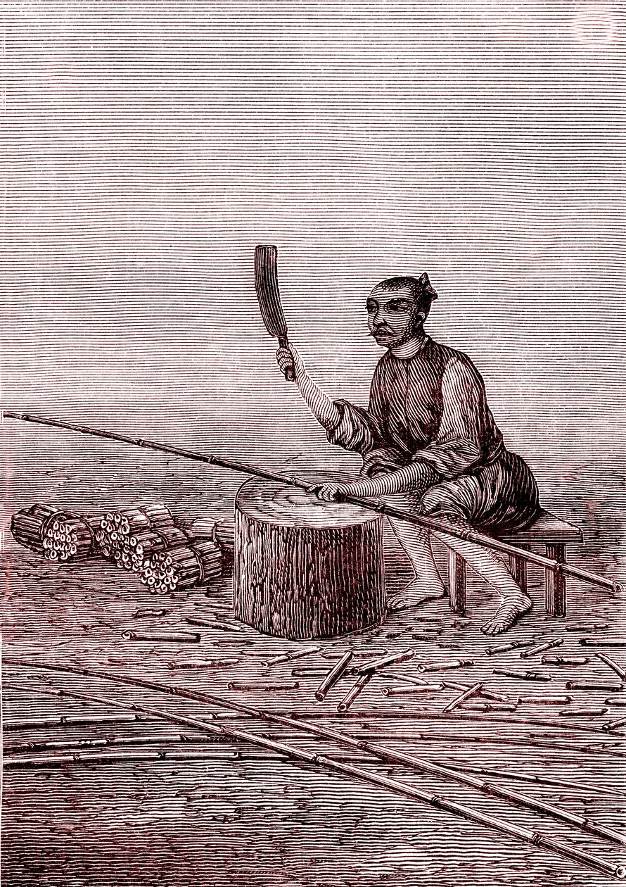 Å kutte de små bitene av bambus, papirproduksjon i Kina (3. århundre f.Kr.) (gravering av Unknown Artist