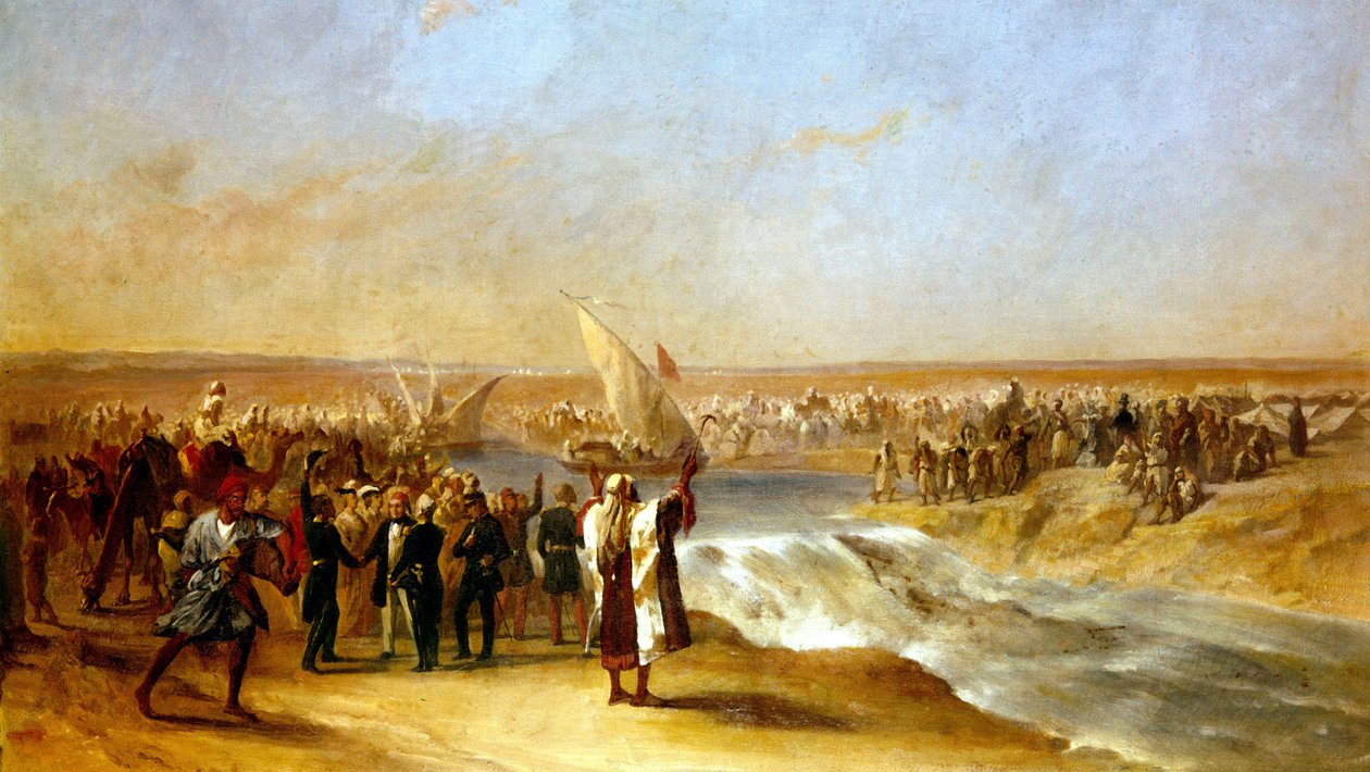 Skjæring gjennom den siste delen av bassenget på Suez-sletten av Hans Eksellens Ali Pascha 15. august 1869 av Unknown