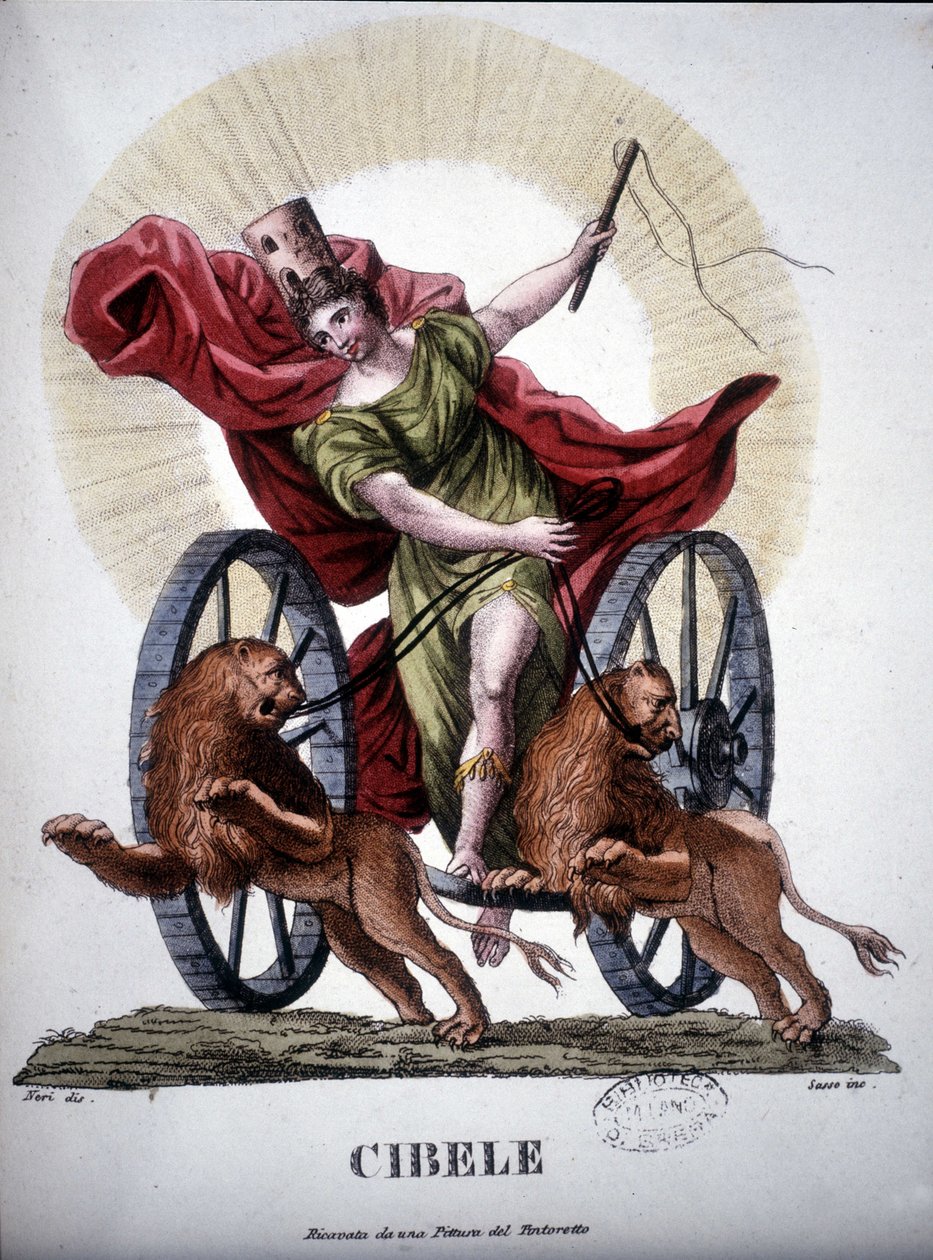 Cybele, guddommelighet som personifiserer naturens reproduktive kraft - i "" Dizionario mitologico"", gravering fra 1800-tallet etter et maleri av Tintoretto, Bibl. di Brera, Milano. av Unknown artist