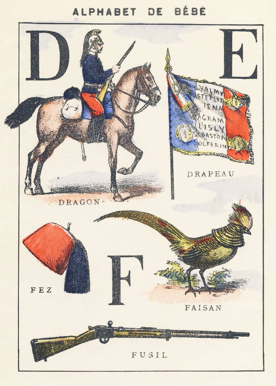 D E F: drage, flagg, fasan, fez, rifle av Unknown artist