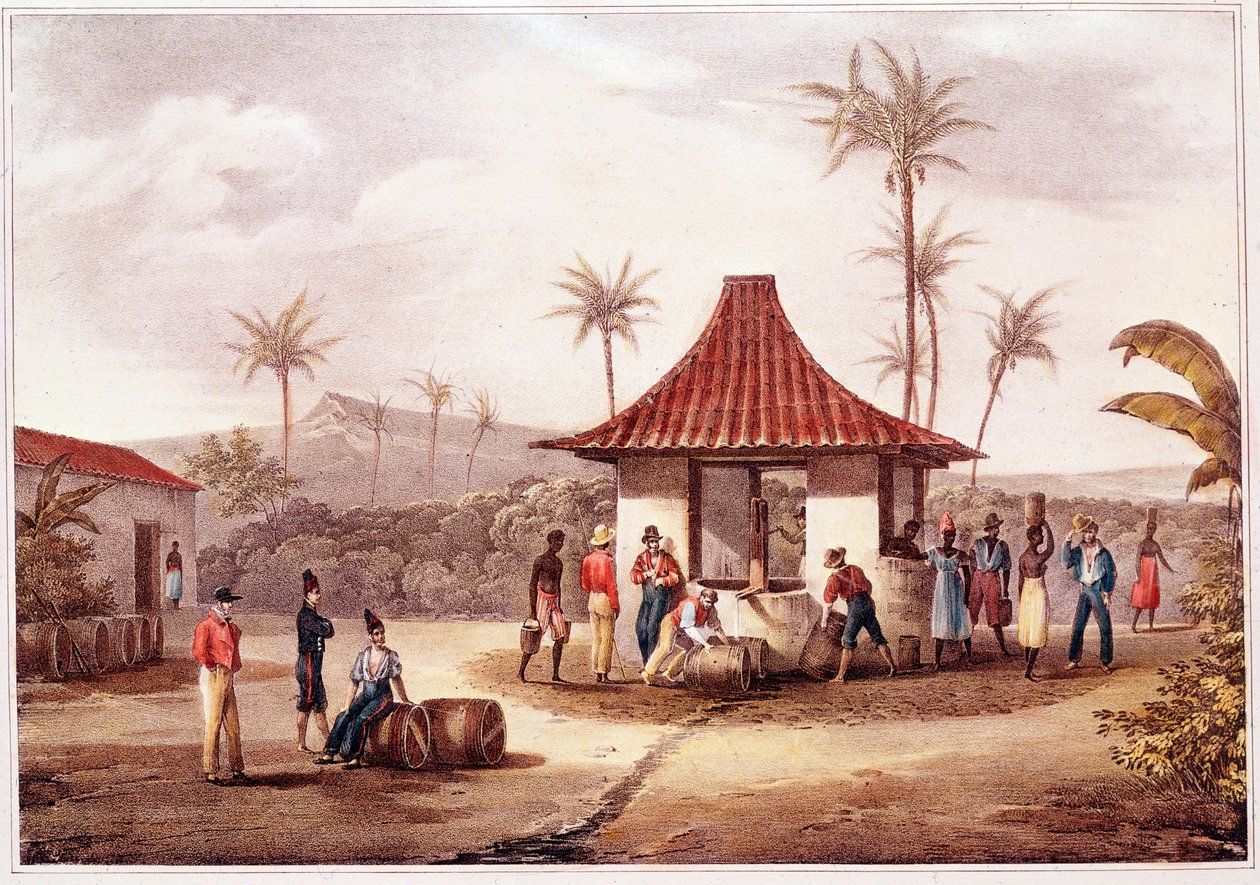 Daglig liv på Kapp Verde (Kapp Verde) Beboere i en landsby krysser ved fontenen. Litografi fra 1800-tallet. Lisboas historiske arkiv for Outremer av Unknown artist