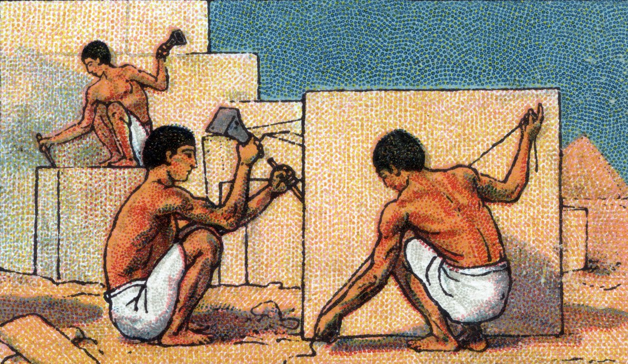 Dagligliv i det gamle Egypt: steinhoggere som arbeider på pyramidebyggeplasser, begynnelsen av 1900-tallet (kromo) av Unknown Artist