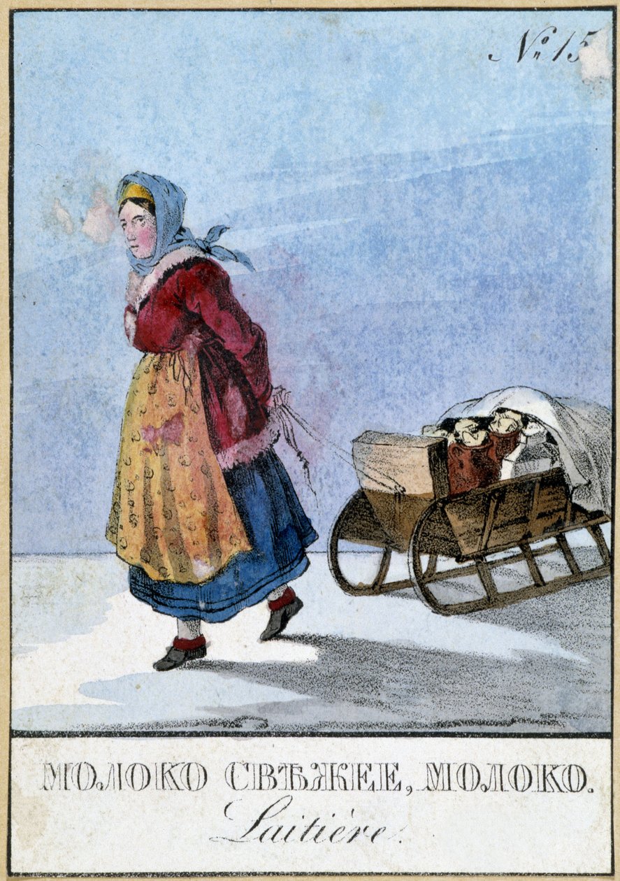 Meierikvinne i Russland som bærer melkeboksene sine på slede, Bibl. des Arts Deco. av Unknown artist