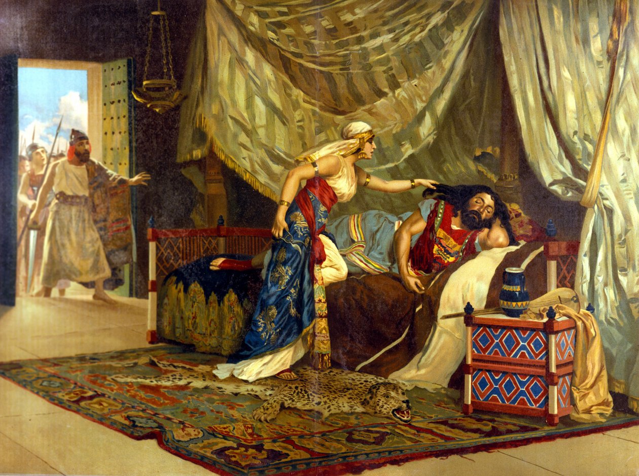 Dalila er i ferd med å klippe håret til Samson for å forbedre styrken hennes. 1800-tallet. av Unknown artist