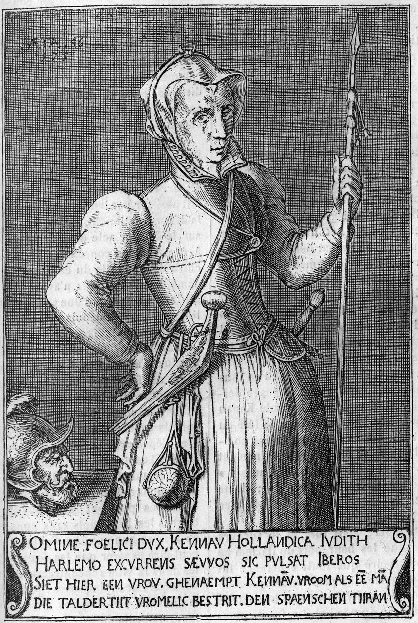 Dame Kenau Simonsdochter Hasselaer (1526-1588), heltinnen fra Haarlem (Holland) under kampen mot spanjolene i 1572. Gravering av 1600-tallet i likhet med Judith av Holoferne. av Unknown artist