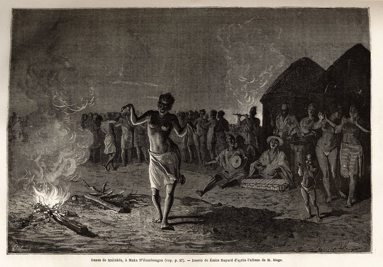 Dans fra Malinkes, befolkningen og språket i Vest-Afrika (Guinee, Senegal, Mali og Elfenbenskysten), dansere samles ved nattens grav og danser rundt bålet til rytmen av tradisjonell musikk. Gravering for å illustrere historien til løytnant Mage av Unknown artist