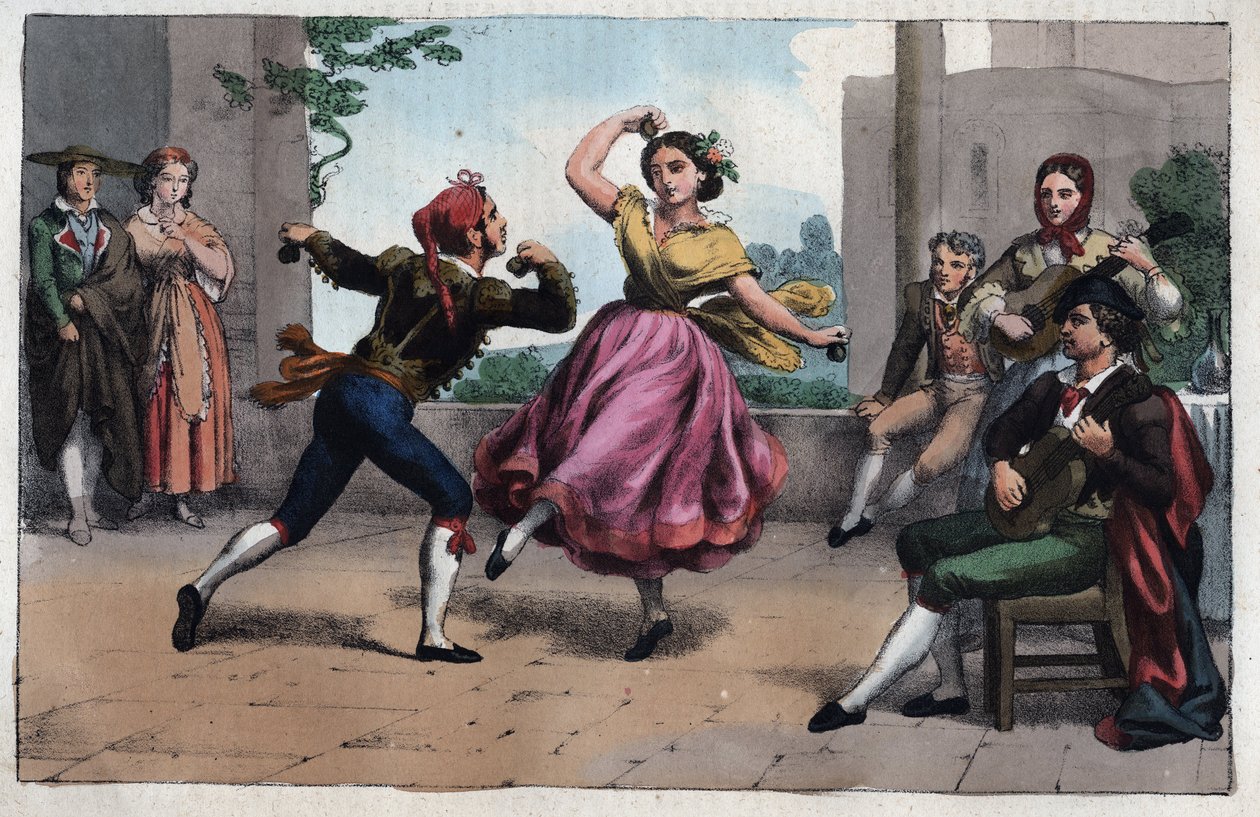 Dance of the Bolero and costumes of Granada - Bolero dance and costumes of Granada - engraving from “” Usi e Costumi di Tutti i Popoli dell